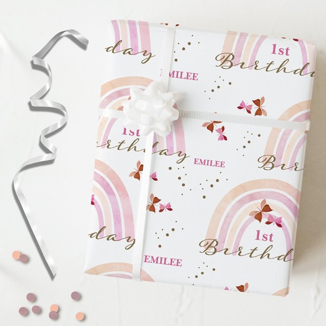 Rainbow Butterflies Birthday Pastel Pinks Wrapping Paper (Creator Uploaded)