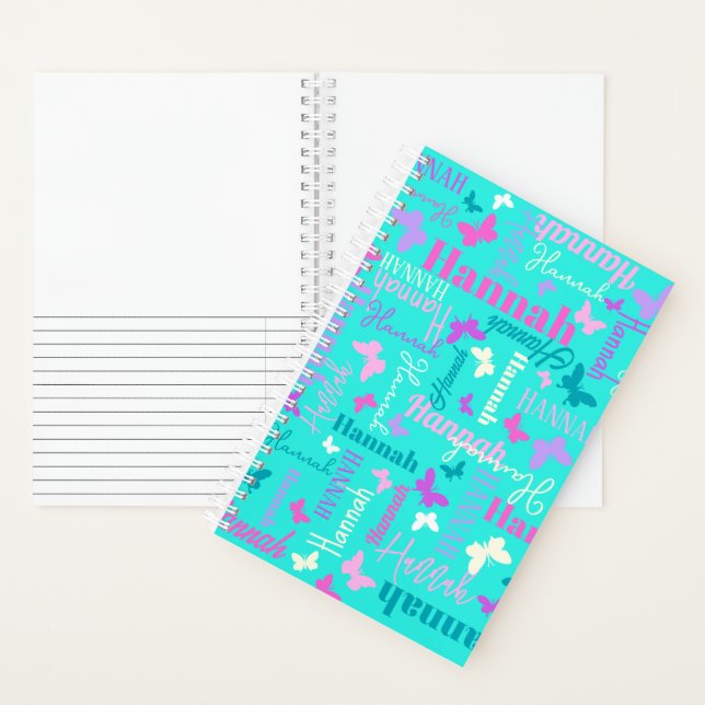Rainbow butterflies custom name aqua Hannah Notebook (Inside)