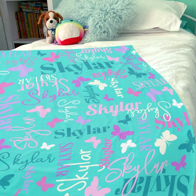 Rainbow butterflies custom name aqua Skylar Fleece Blanket (Creator Uploaded)