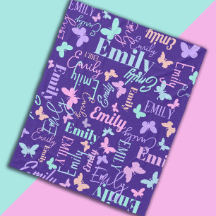Rainbow butterflies custom name blue pink purple fleece blanket