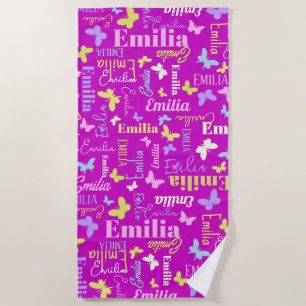 Rainbow butterflies custom name Emilia purple Beach Towel