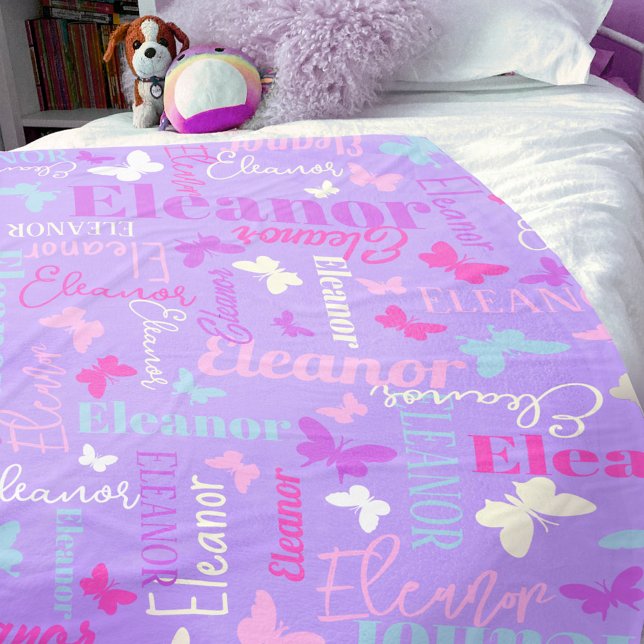 Rainbow butterflies custom name purple Eleanor Fleece Blanket (Creator Uploaded)