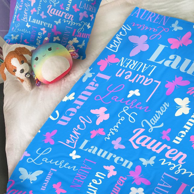 Rainbow butterflies custom name sky blue Lauren Fleece Blanket (Creator Uploaded)