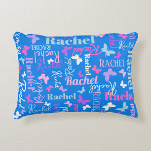 Rainbow butterflies custom name sky blue Rachel Decorative Cushion