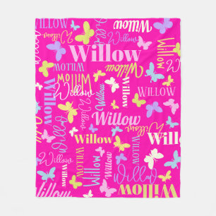 Rainbow butterflies custom name Willow hot pink Fleece Blanket
