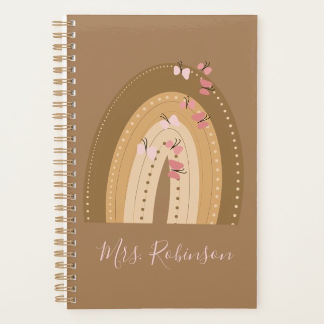 Rainbow Butterflies Script Teachers Name Planner (Front)