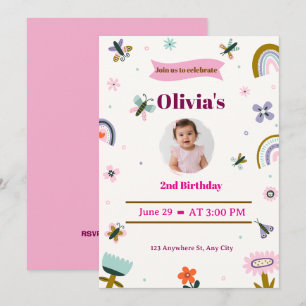Rainbow Butterfly 2nd Birthday Invite