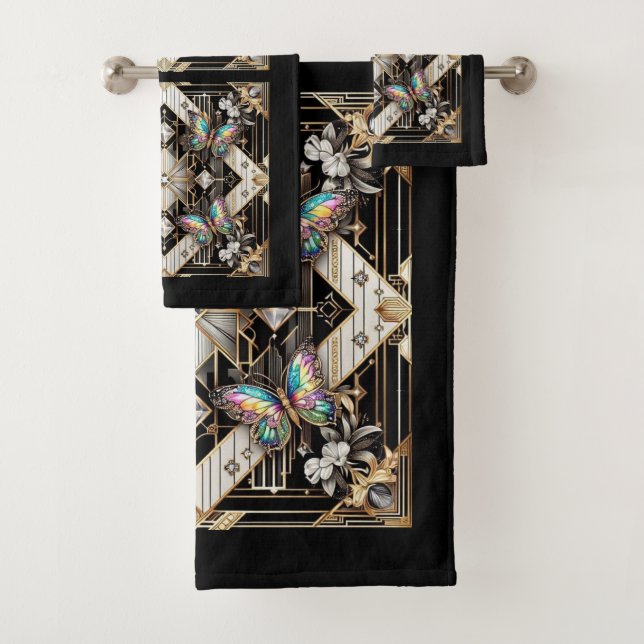 Rainbow Butterfly Art Deco Art Nouveau Bath Towel Set (Insitu)