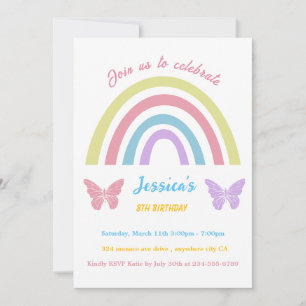 Rainbow & butterfly Birthday for Girls editable Invitation