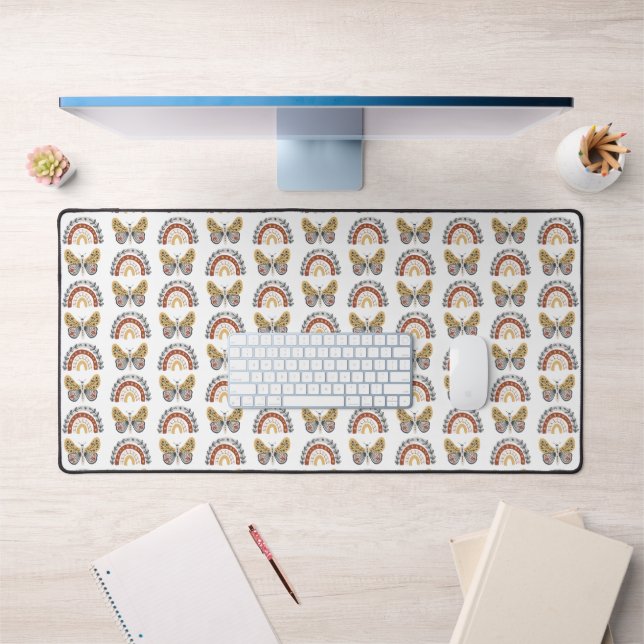 Rainbow Butterfly Boho Pattern Yellow Grey White Desk Mat (Office 1)