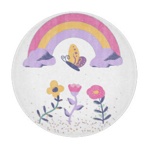 Rainbow Butterfly Cloud Flowers Cutting Board