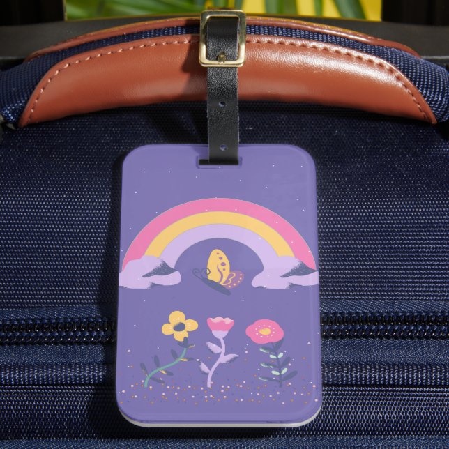 Rainbow Butterfly Cloud Flowers Luggage Tag (Front Insitu 2)