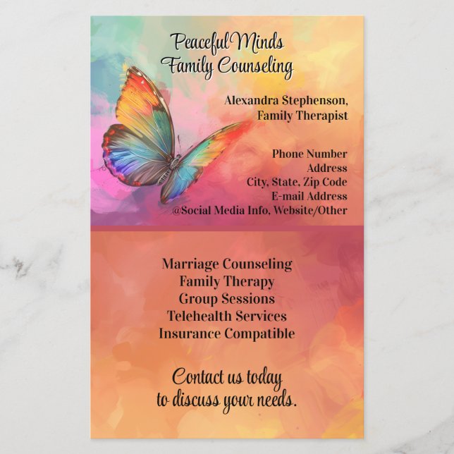 Rainbow Butterfly Counseling Therapy Psychotherapy Flyer (Front)