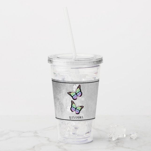 Rainbow Butterfly Floral Personalised Acrylic Tumbler (Front Ice)