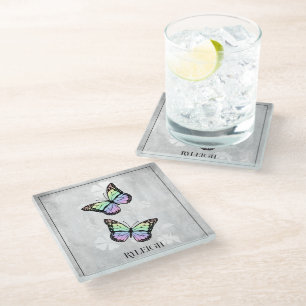 Rainbow Butterfly Floral Personalised Glass Coaster