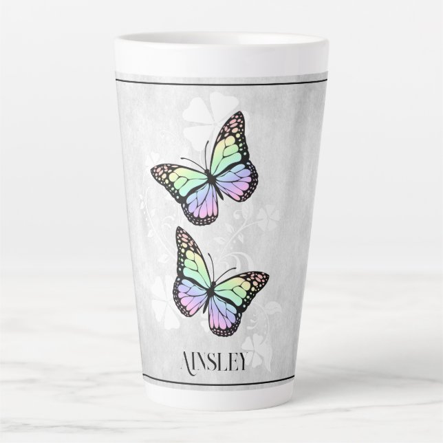 Rainbow Butterfly Floral Personalised Latte Mug (Front)