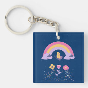 Rainbow Butterfly Flowers Cloud Key Ring