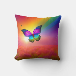 Rainbow Butterfly Flying in a Field  Cushion