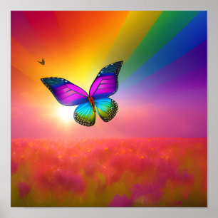 Rainbow Butterfly Flying in a Field Poster
