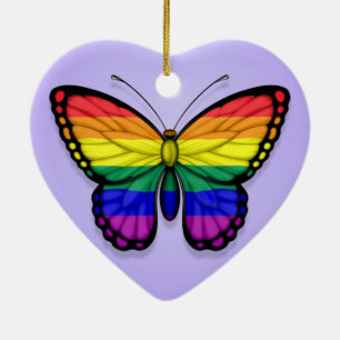 Rainbow Butterfly Gay Pride Flag on Purple Ceramic Ornament