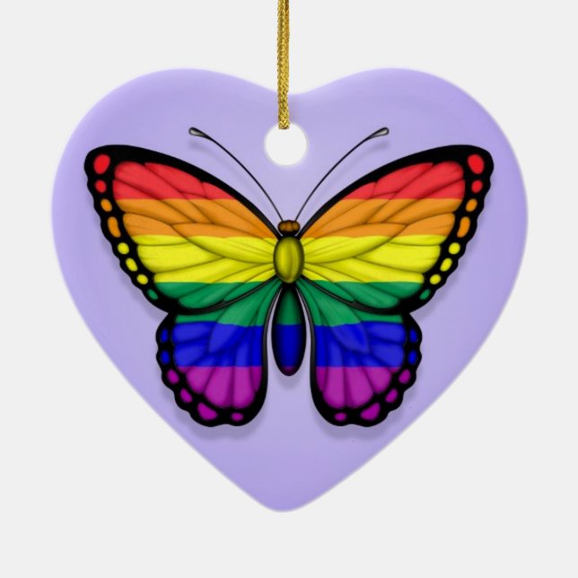 Rainbow Butterfly Gay Pride Flag on Purple Ceramic Ornament (Back)