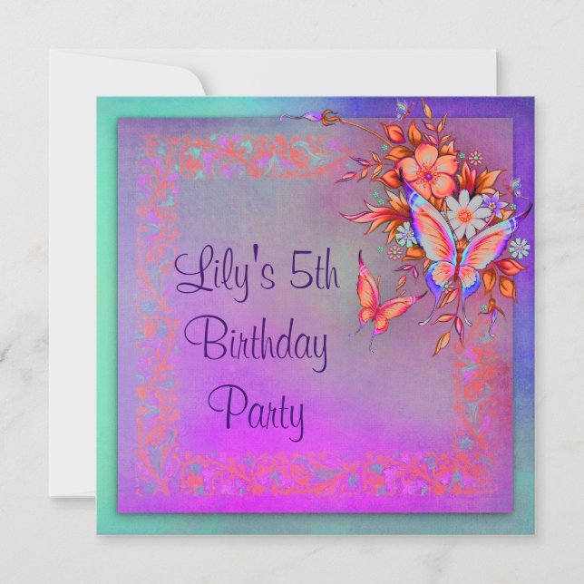 Rainbow Butterfly Girls 5th Birthday Party Invitation (Front)