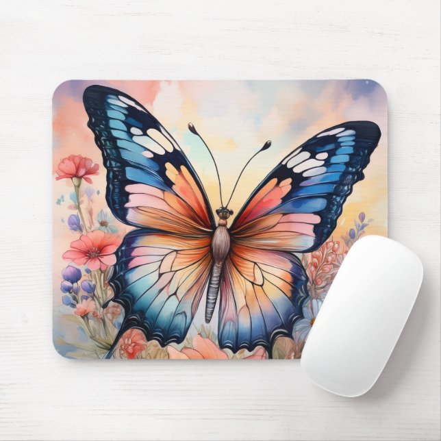 Rainbow Butterfly in a Flower Garden Mouse Pad (With Mouse)