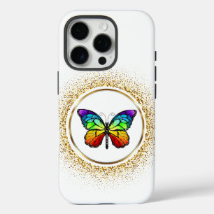 Rainbow Butterfly in a Golden Circle iPhone 16 Pro Case