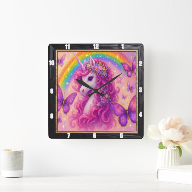 Rainbow Butterfly Magical Unicorn Square Wall Clock (Home)
