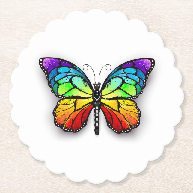 Rainbow butterfly Monarch Paper Coaster (Front)