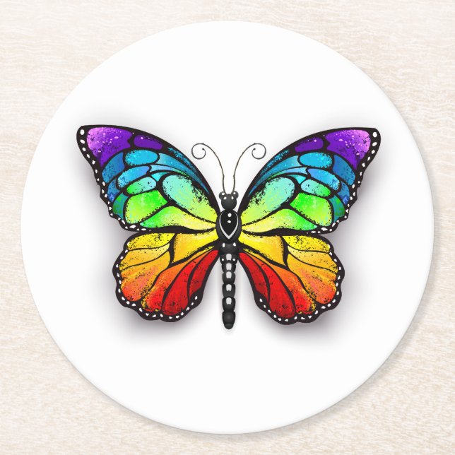 Rainbow butterfly Monarch Round Paper Coaster (Front)