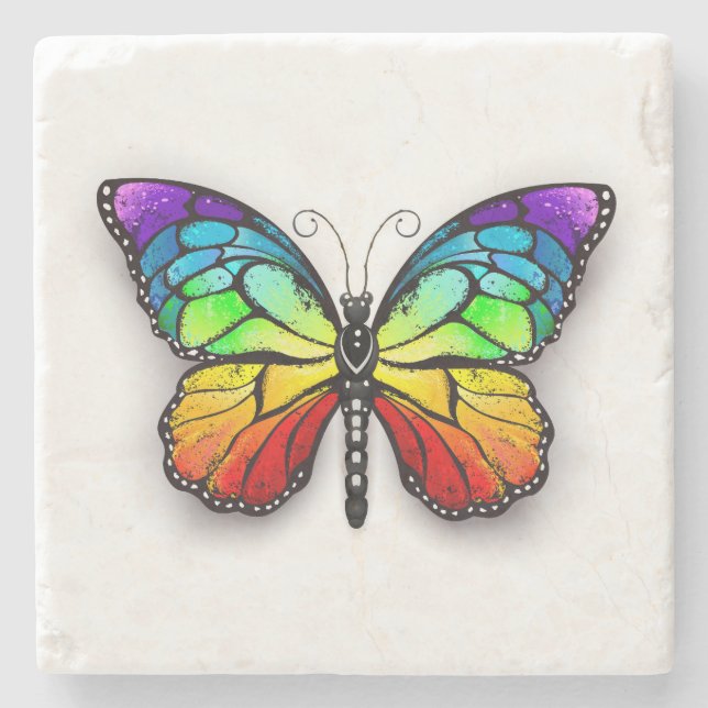 Rainbow butterfly Monarch Stone Coaster (Front)