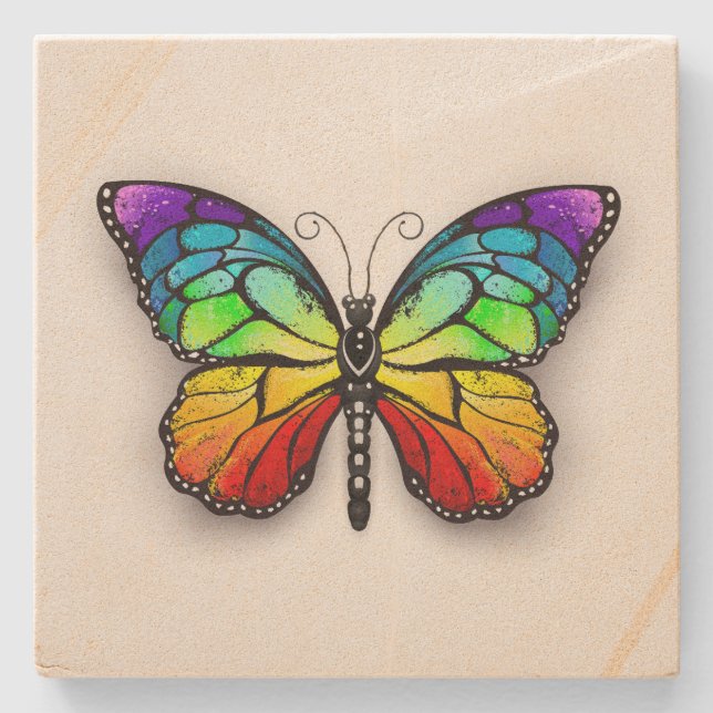 Rainbow butterfly Monarch Stone Coaster (Front)