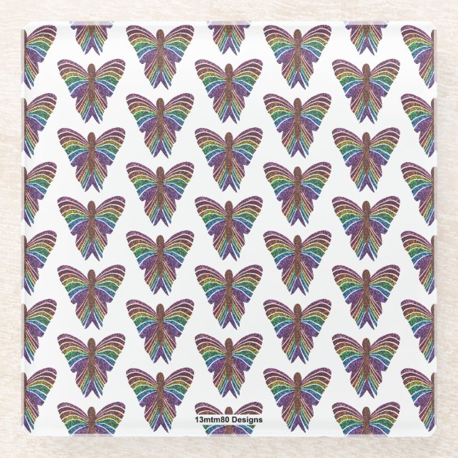 Rainbow Butterfly (white) - Glass Coaster (Front)