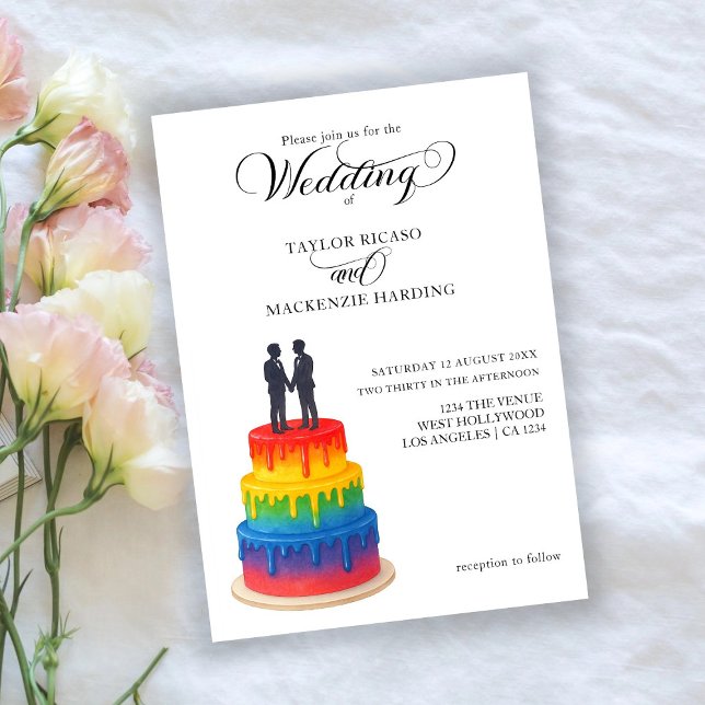 Rainbow cake and elegant script gay wedding invitation (Rainbow cake and elegant script gay wedding invitation by Ricaso. Exclusive to Zazzle.)