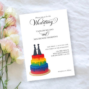 Rainbow cake and elegant script gay wedding invitation