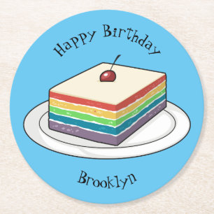 Rainbow cake cartoon illustration round paper coaster