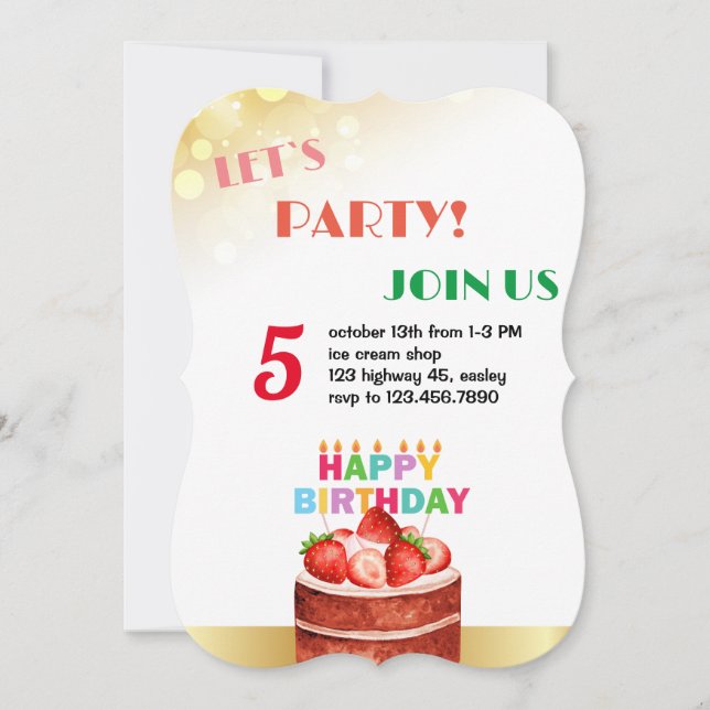 rainbow cake children birthday party invitation (Front)