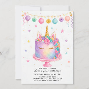 Rainbow Cake First Birthday Party Invite for Girls