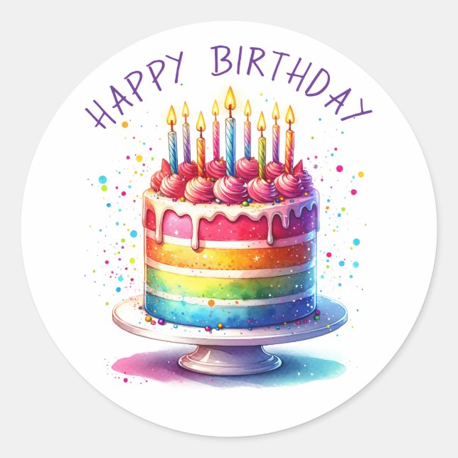 Rainbow Cake Happy Birthday Classic Round Sticker (Front)