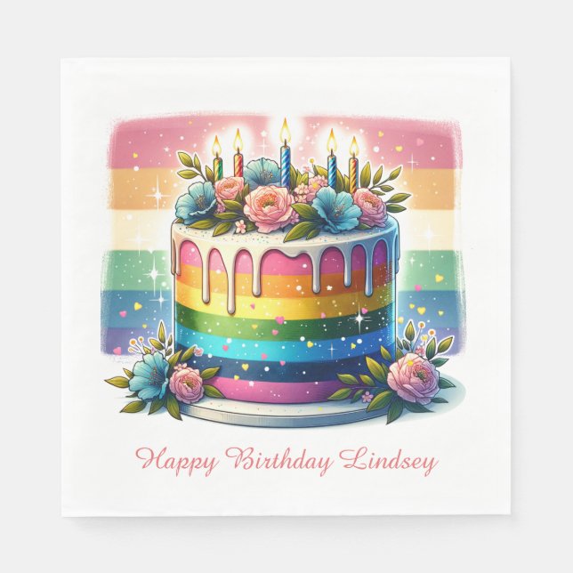 Rainbow Cake Happy Birthday Party Personalised Napkin (Front)