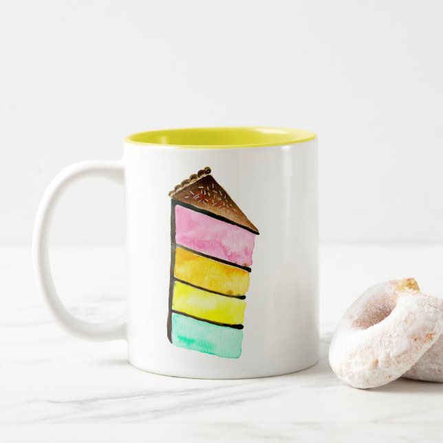 Rainbow Cake watercolor cute Two-Tone Coffee Mug (With Donut)