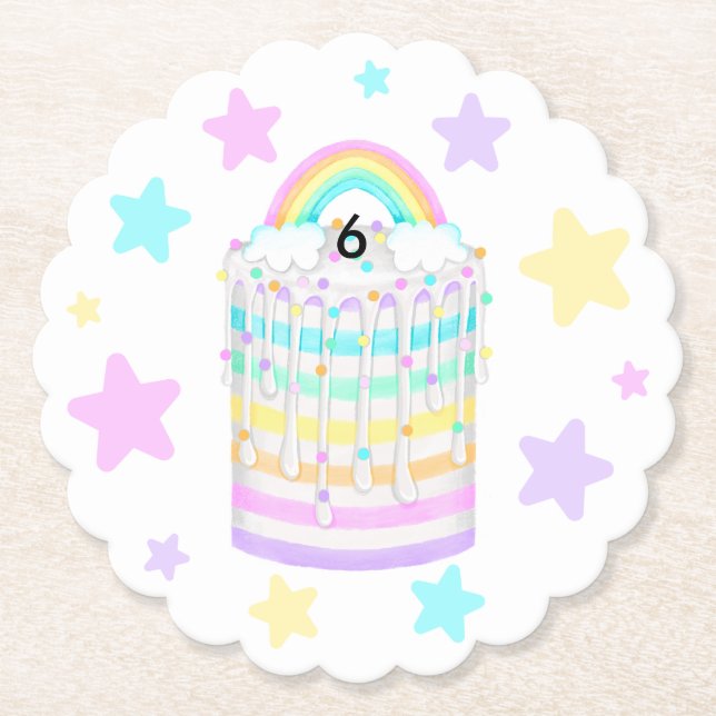 Rainbow Cake with Pastel Stars Paper Coaster (Front)