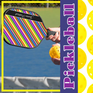 Rainbow Candy Coloured Striped Personalised Pickleball Paddle
