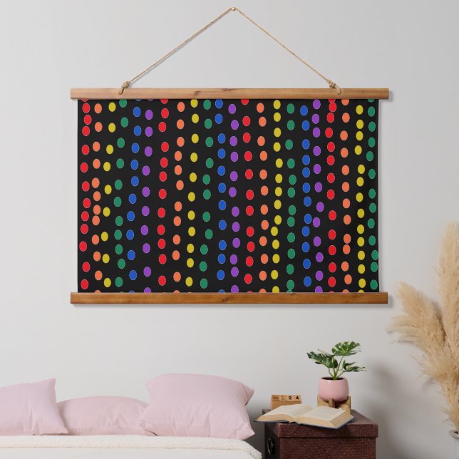 Rainbow Candy Dots on Black Hanging Tapestry (Bedroom)