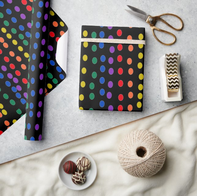 Rainbow Candy Dots on Black  Wrapping Paper (Crafts)