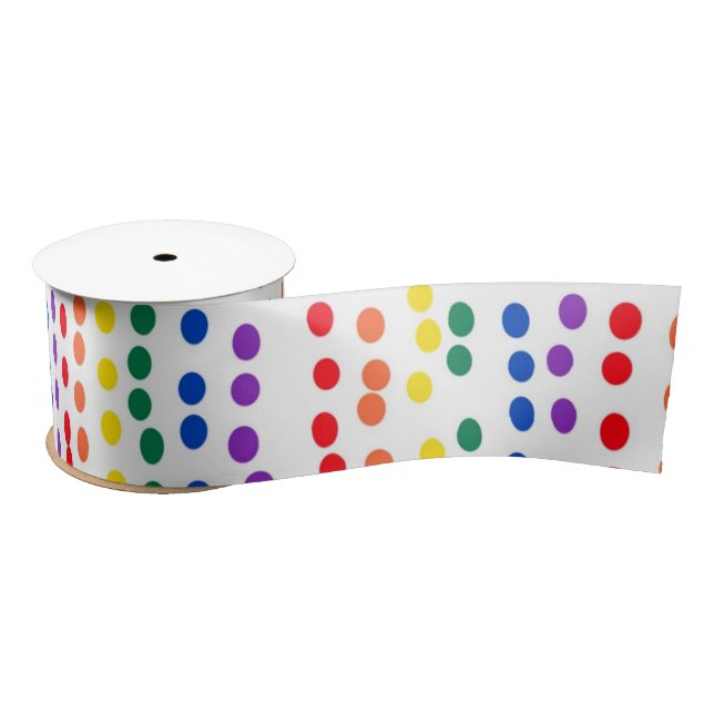 Rainbow Candy Dots on White  Satin Ribbon (Spool)
