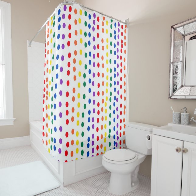 Rainbow Candy Dots on White  Shower Curtain (In Situ)