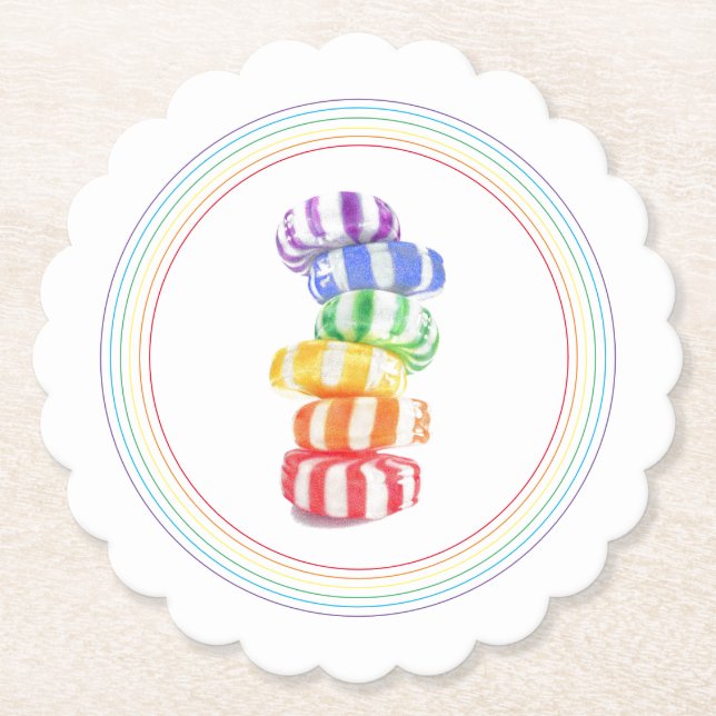 RAINBOW CANDY Scalloped Round Paper Coasters (Front)