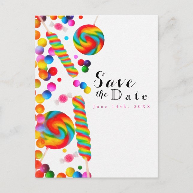 Rainbow Candy Sweet Birthday Party Save the Date Announcement Postcard (Front)